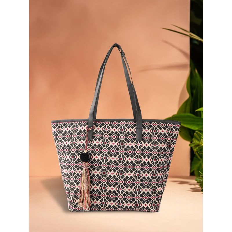 Anouk Black & Beige Jacquard Woven Design Shoulder Bag