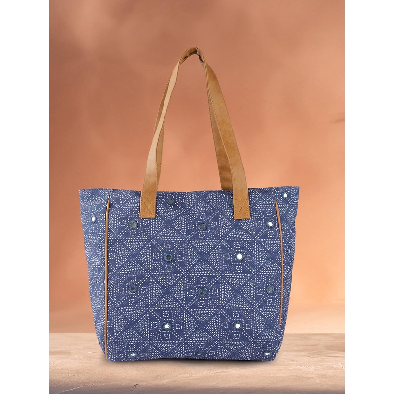 Anouk Navy Blue Geometric Printed Structured Shoulder Bag with Mirror Work