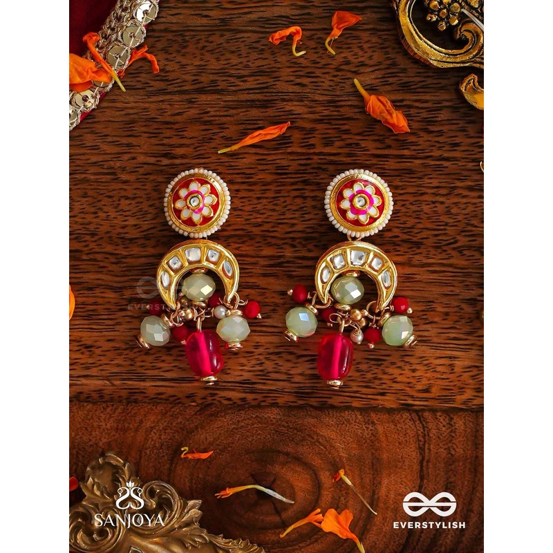 EVERSTYLISH Sanjoya Gold & Red Kundan Earrings with Golden Moons & Red Beads