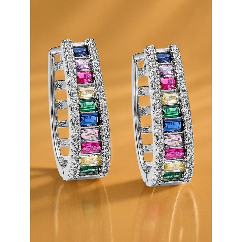 Rubans Rhodium-Plated Cubic Zirconia Studded Semi Circular Shaped Half Hoop Earrings