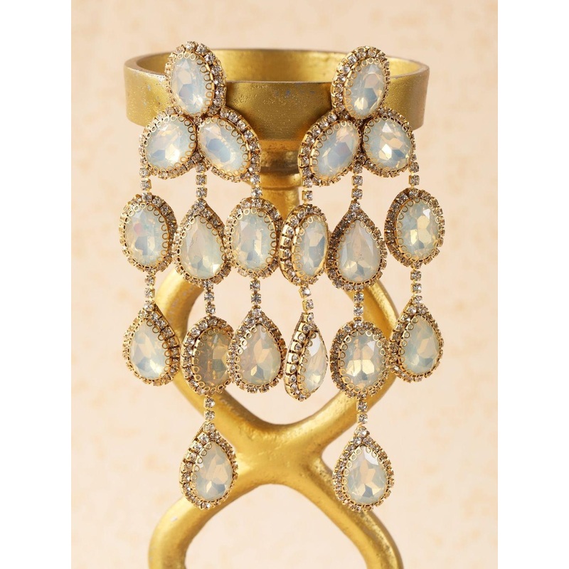 StyleCast Gold-Plated Rhinestone Studded Tasselled Teardrop Shaped Drop Earrings