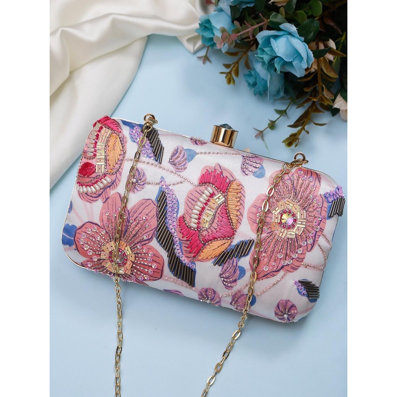 Swisni White & Pink Embroidered Box Clutch