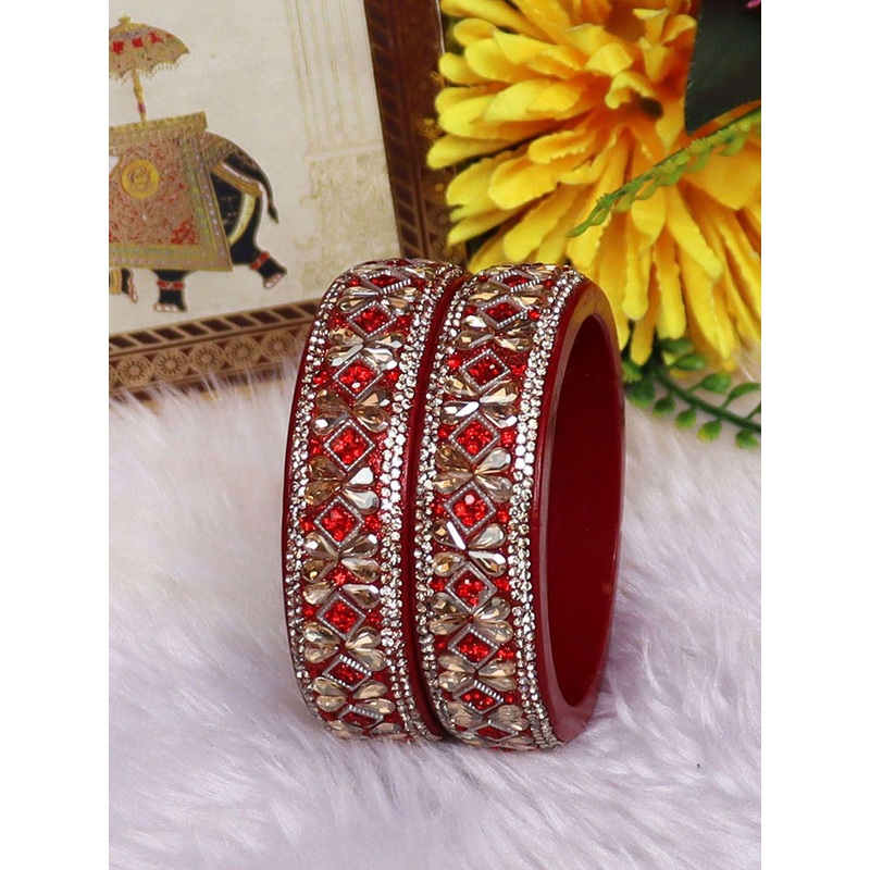 TAJ BRIDAL STORE Set Of 2 Kundan Studded Lac Kada Bangles