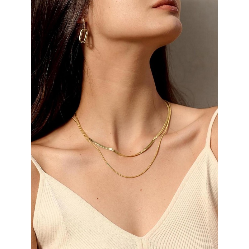 VAMA Women Gold-Plated Anti Tarnish Stainless Steel Herringbone Snake Minimal Chain