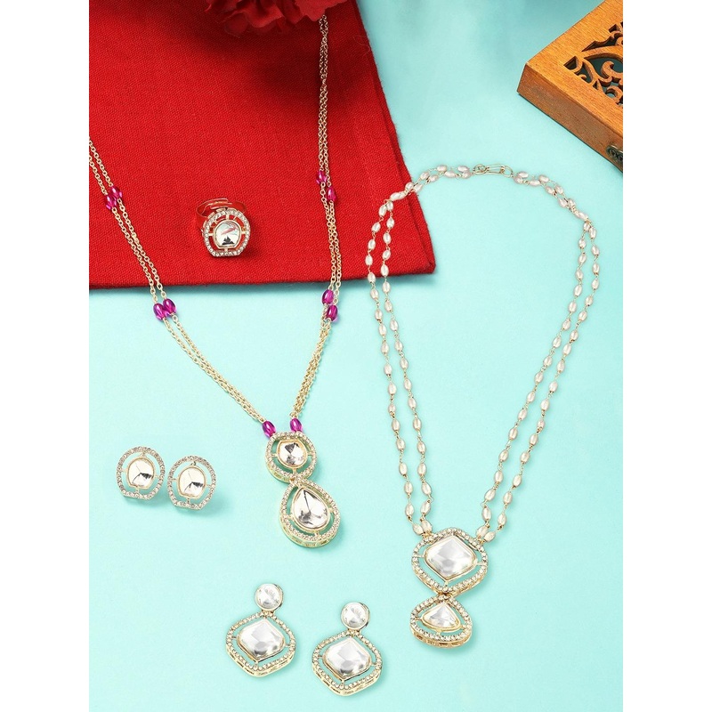 Zaveri Pearls Set of 2 Gold-Plated Stone Studded & Beaded Jewellery Sets