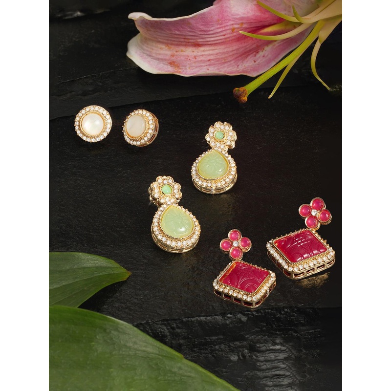 Zaveri Pearls Set of 3 Gold-Plated Stone Studded Studs & Drop Earrings