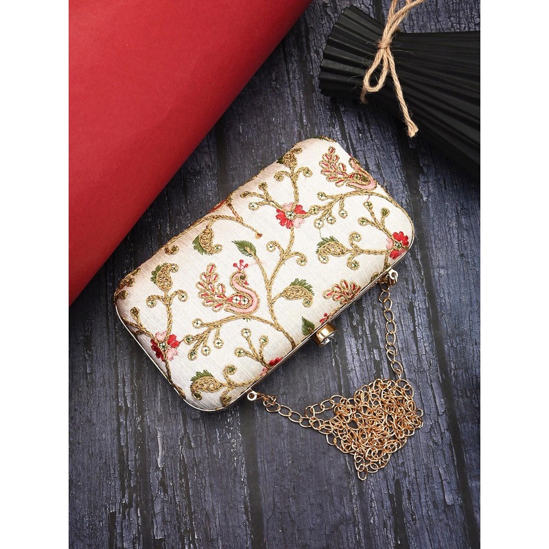Anouk Beige Embroidered Box Clutch