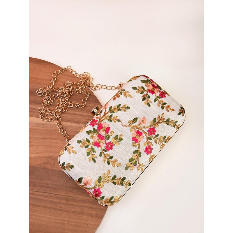 Anouk White Embroidered Box Clutch