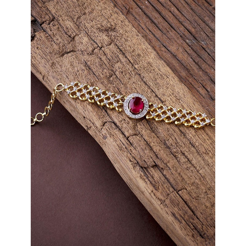 Anouk Women Gold-Plated White & Magenta American Diamond Bracelet