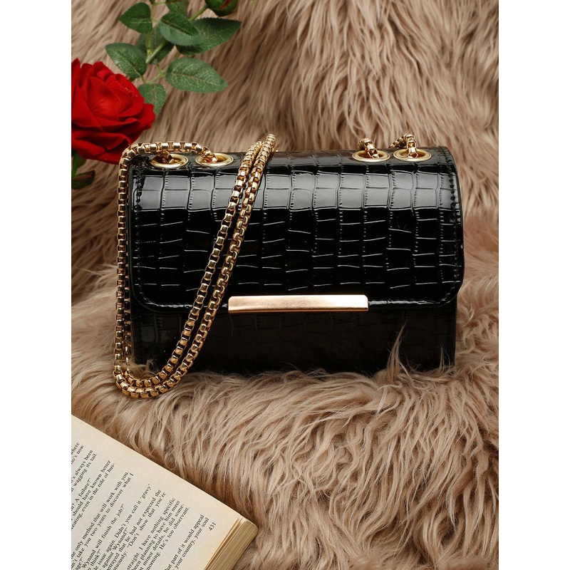 DressBerry Black Textured Structured Handheld Bag with Fringed