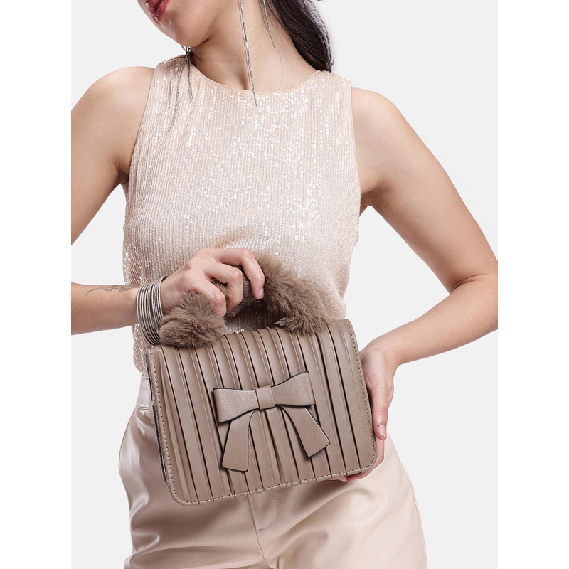 DressBerry Textured PU Structured Satchel with Bow & Faux Fur Detail