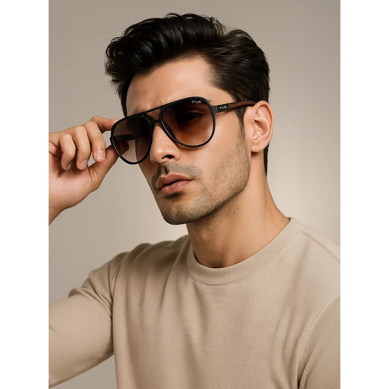 IRUS by IDEE Unisex Brown Lens & Black Aviator Sunglasses with UV Protected Lens