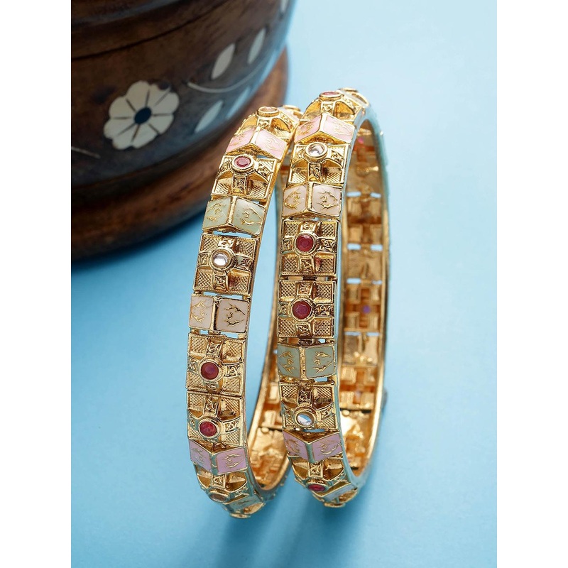 KARATCART Set of 2 Gold-Plated Kundan-Studded Meenakari Bangles