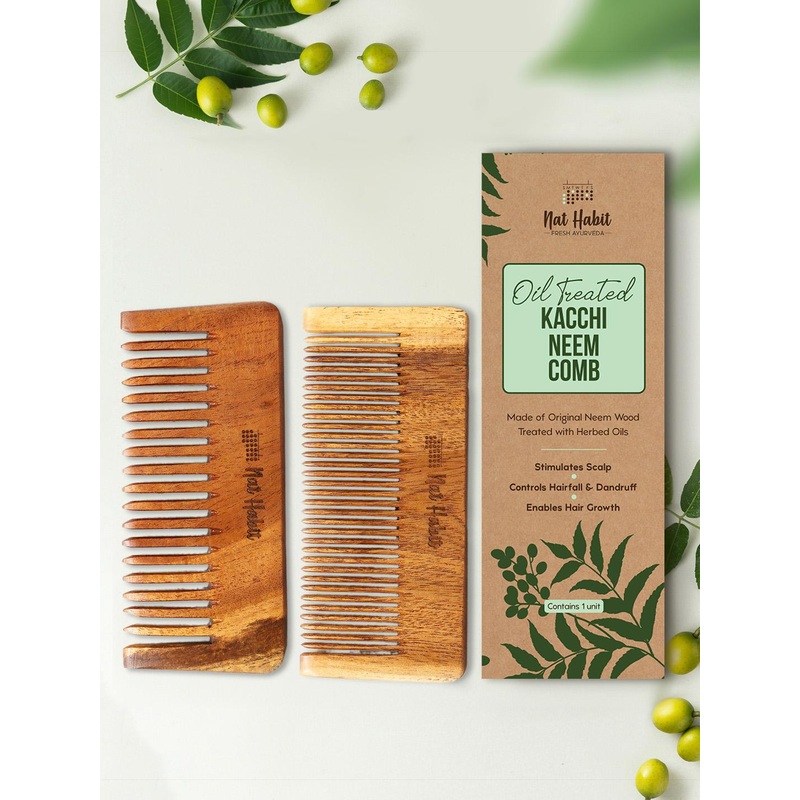 Nat Habit 2Pcs Kacchi Neem Wooden Comb- Soaked in 17 Herbs & Oils – Fine + Wide Tooth Comb