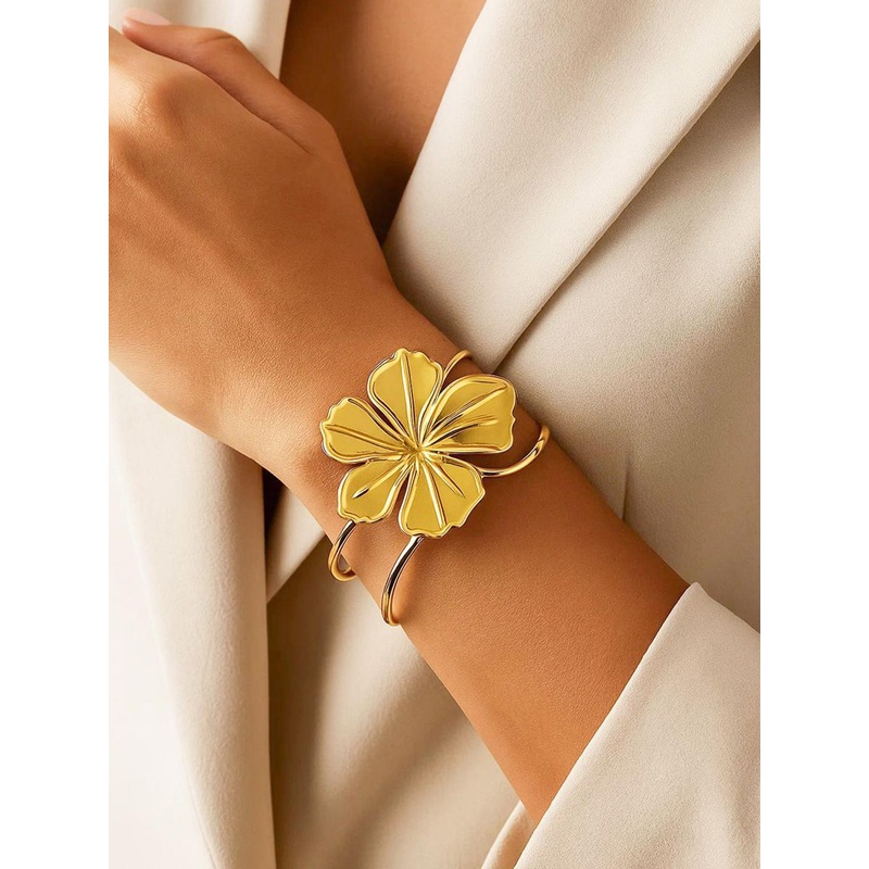 Rubans 18K Gold-Plated Stainless Steel Tarnish-Free Waterproof Bold Floral Cuff Bracelet