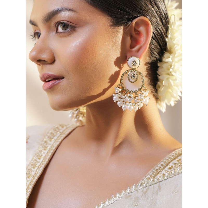 Rubans 22K Gold-Plated Brass White Beads & Pearls Handcrafted Chandbali Earrings