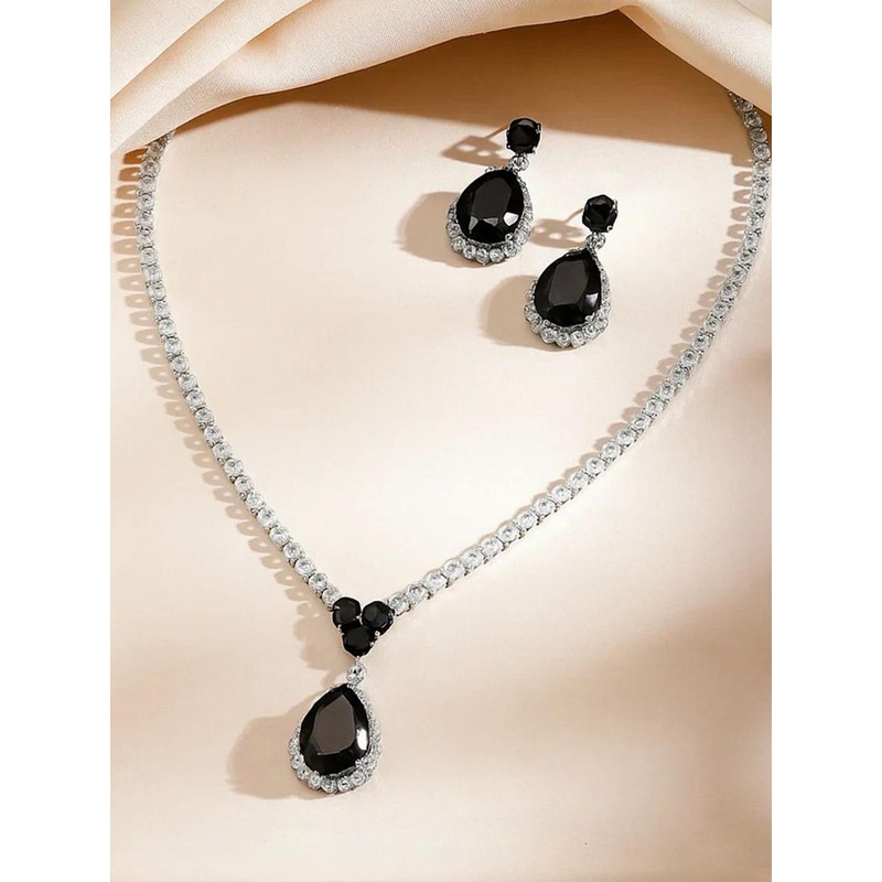 Rubans Rhodium-Plated Black Crystal AD with Cubic Zirconia Necklace Set