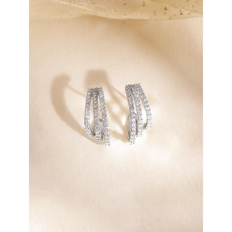 Rubans Rhodium Plated High Quality Cubic Zirconia Studded Hoop Earrings