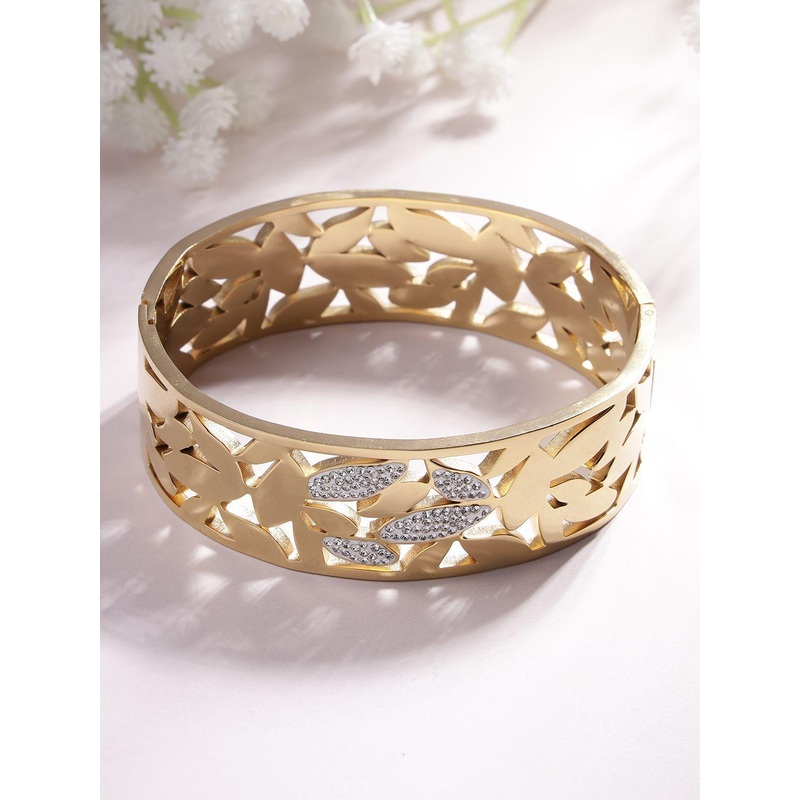 Scintillare By Sukkhi Stainless Steel Crystals Stone Studded Gold-Plated Kada Bracelet