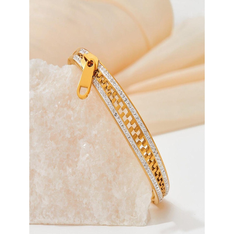 TEULRIP Stainless Steel Gold-Plated Cubic Zirconia Studded Bangle-Style Bracelet