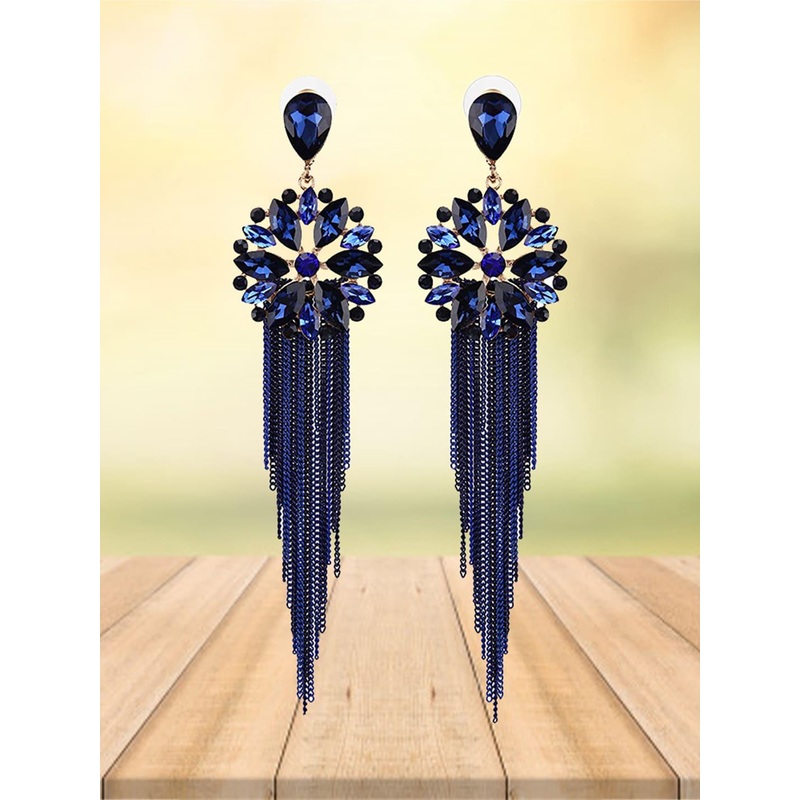 YouBella Women Blue Stone Studded Contemporary Tasseled Drop Earrings
