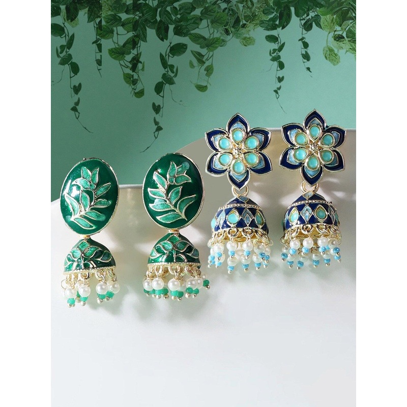 Zaveri Pearls Pack Of 2 Blue & Green Dome Shaped Jhumkas Earrings