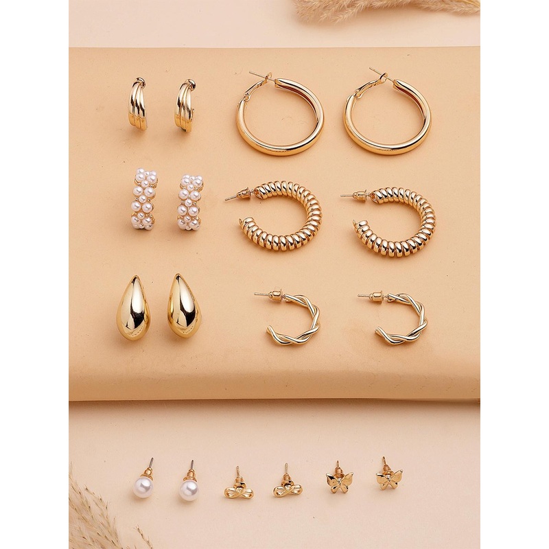 Bohey by KARATCART Set Of 9 Gold-Plated Artificial Beaded Spherical Studs