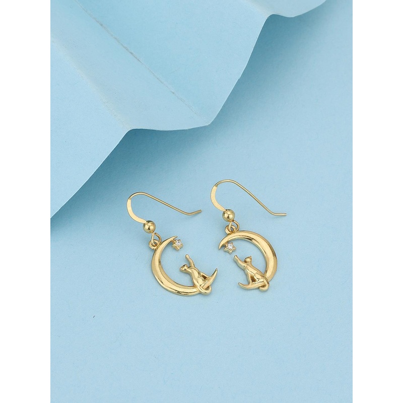 Carlton London 18Kt Gold Plated Classic Earrings with Cat on Crescent Moon