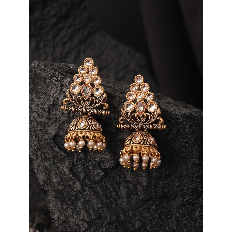 Jazz and Sizzle Gold-Plated Triangular Kundan Studded & Beaded Jhumkas