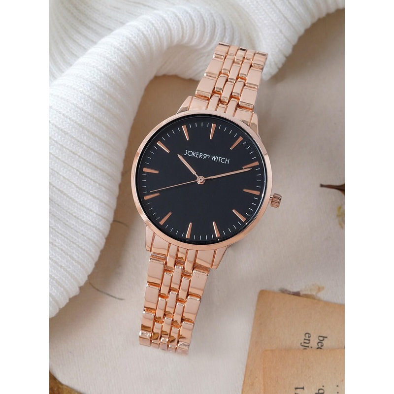 JOKER & WITCH Women Black Embellished Dial & Rose Gold Toned Straps Analogue Watch