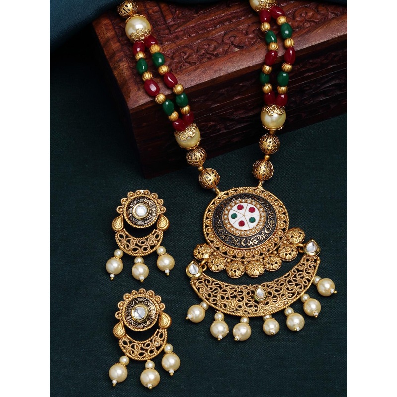 PANASH Gold-Plated White & Red Pearl Studded & Beaded Handcrafted Jewellery Set