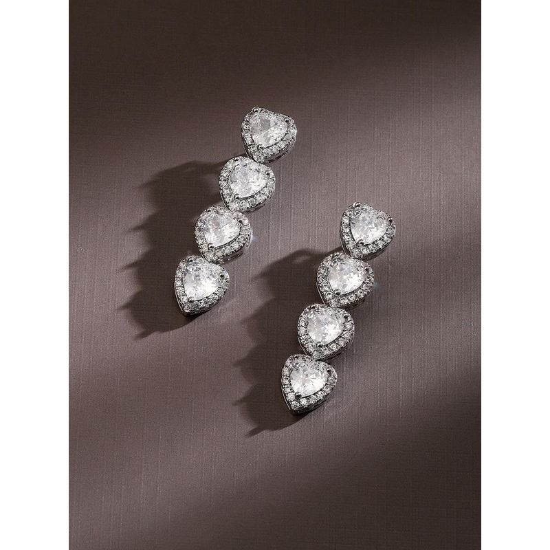 Rubans Rhodium Plated Cubic Zirconia Studded Heart Shaped Premium Drop Earrings