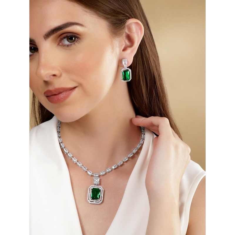 Rubans Rhodium-Plated Emerald Green & Cubic Zirconia Studded Necklace Set