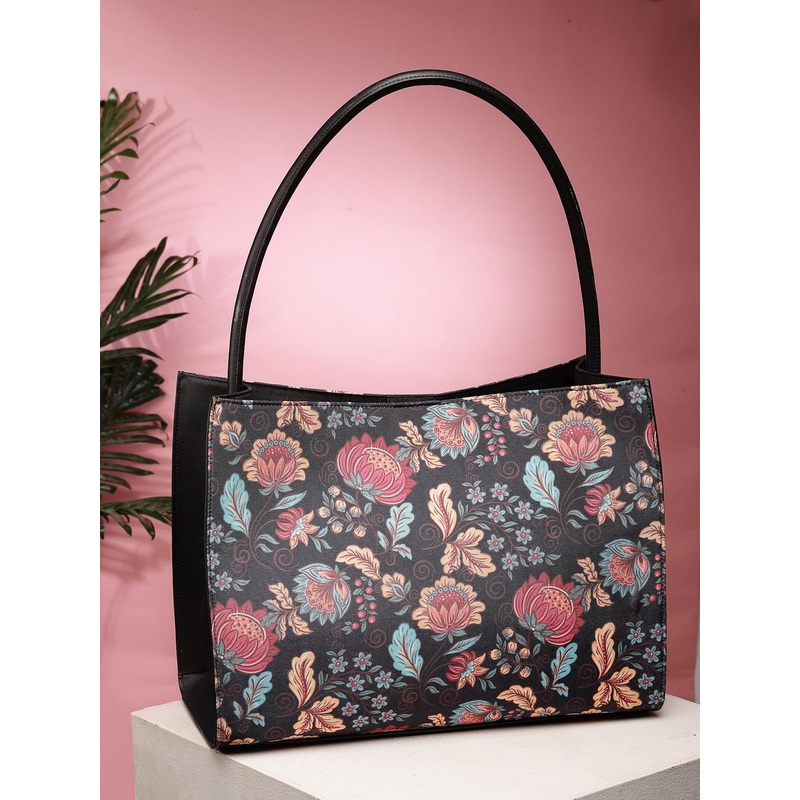Sangria Black Floral Printed Structured Tote Bag