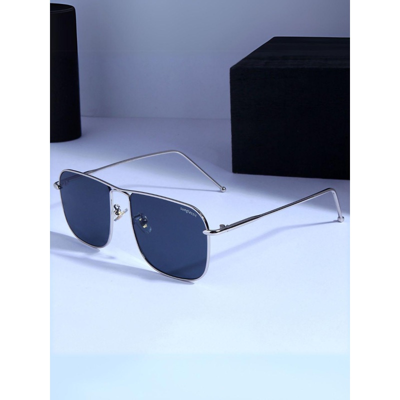 SUNGLASSIC Unisex Black Lens & Steel-Toned Square Sunglasses with