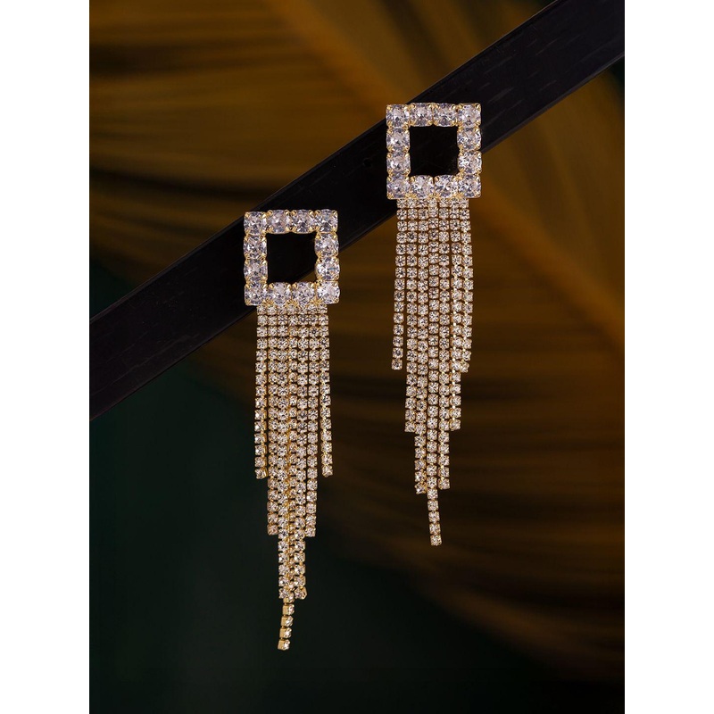 Voylla Korean Bling Gold-Plated AD-Studded Square Tasselled Hour Sparkle Drop Earrings