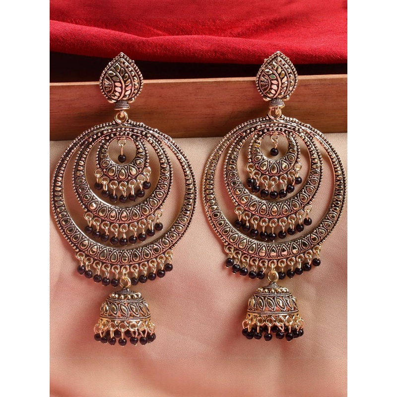 ANTICO Women Stone Studded Oxidised Chandbali Jhumka Earrings