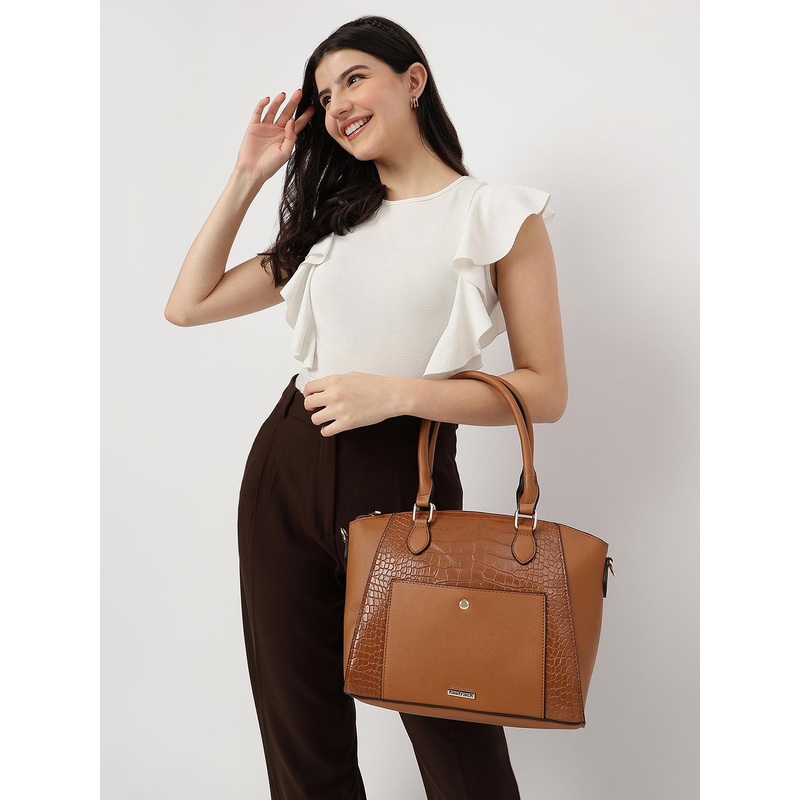 Fastrack Women Tan Croco Structured Satchel with Detachable Sling Strap Fits Upto 11\