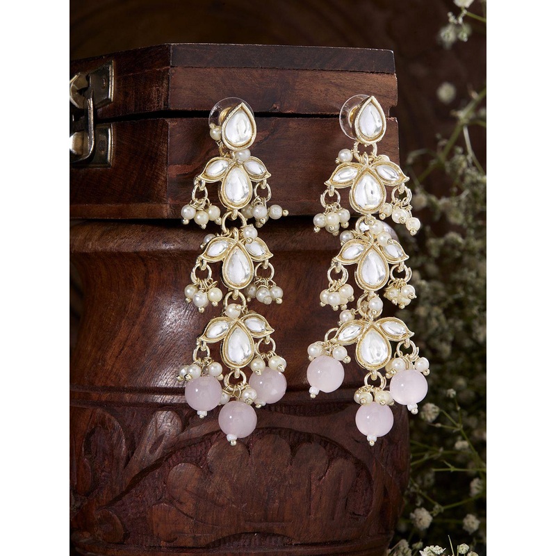 Priyaasi Gold Plated Kundan Pearl Beaded Contemporary Drop Earrings
