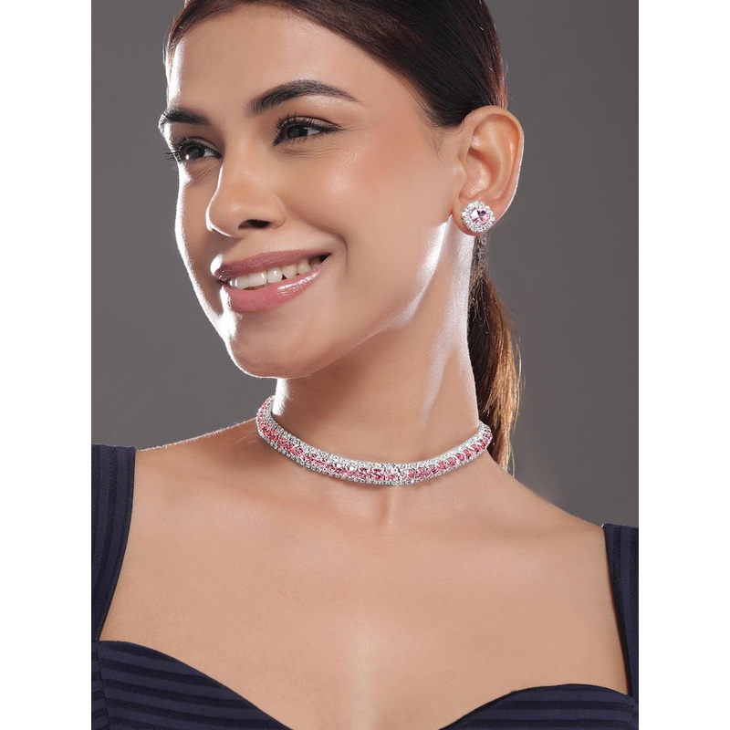 Rubans Rhodium Plated Crystal Pink & White Cubic Zirconia Studded Choker Necklace Set