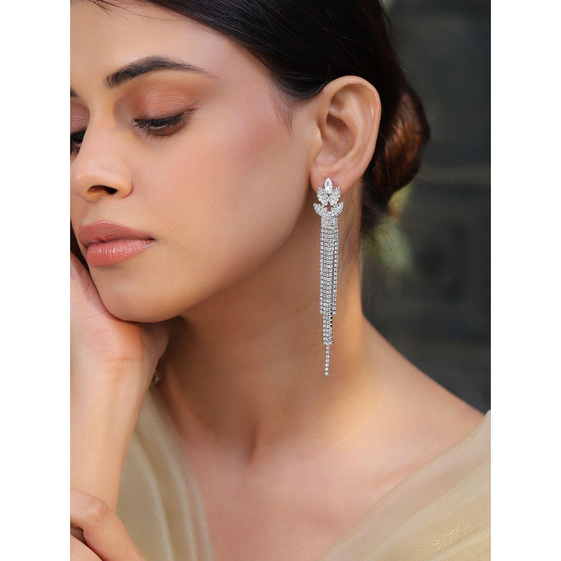 Rubans Rhodium-Plated Crystal Stone Studded Leaf Shaped Drop Earrings