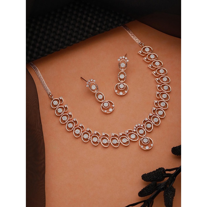 Saraf RS Jewellery Rose Gold-Plated Cubic Zirconia-Studded Necklace & Earrings