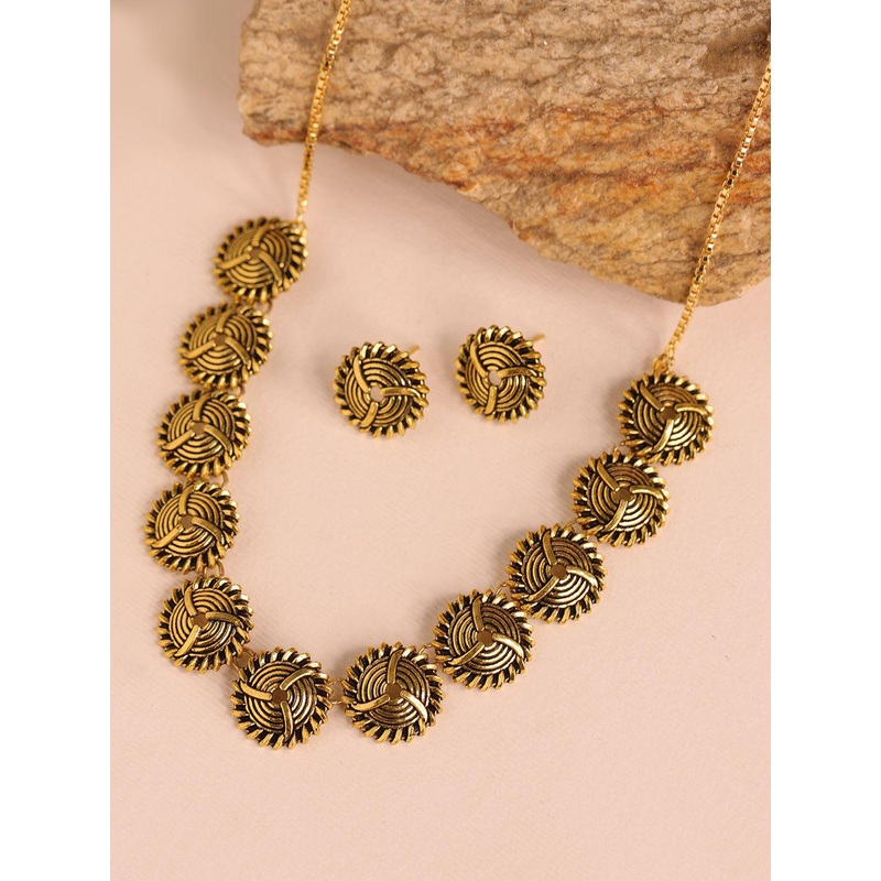 Voylla Woven Wonder Swirled Collar Oxidised Necklace Set