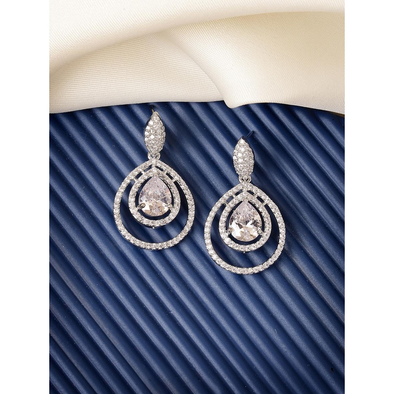 ZENEME Rhodium-Plated Teardrop Shaped American Diamond Drop Earrings