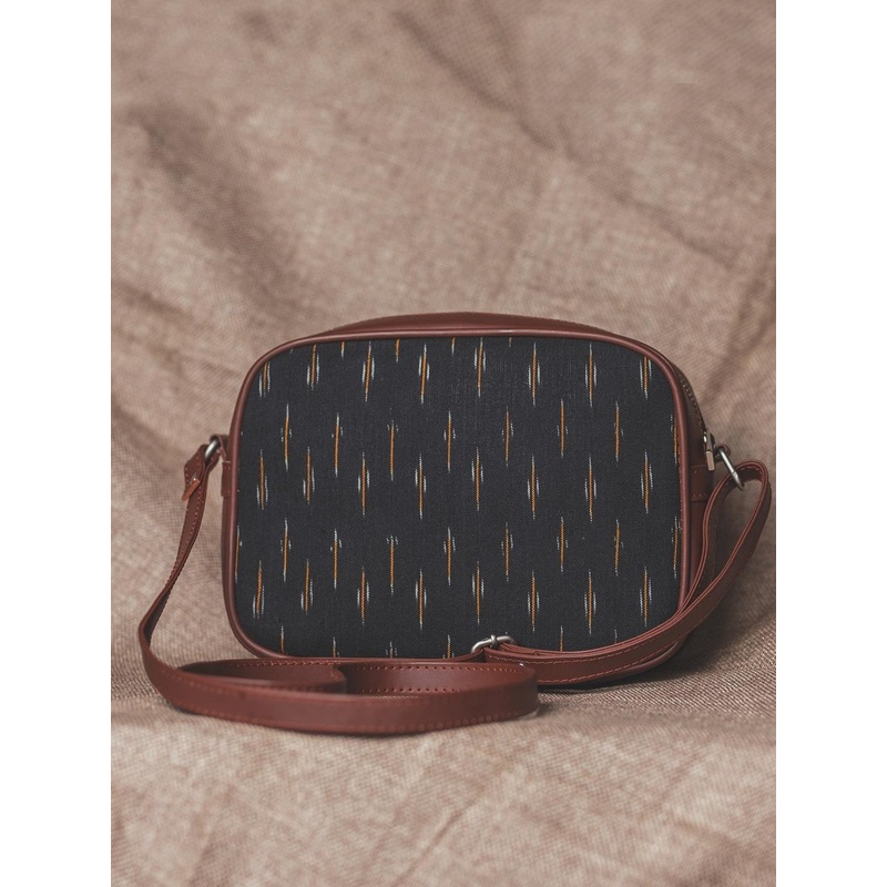 ZOUK Black & Orange Ikkat Woven Design Handcrafted Vegan Leather Sustainable Sling Bag