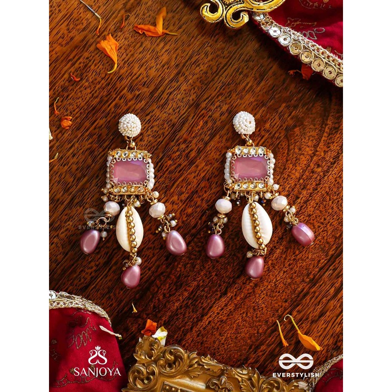 EVERSTYLISH Sanjoya Kundan Earrings with Pearl Strings, Shells & Pink Gem Embellishments