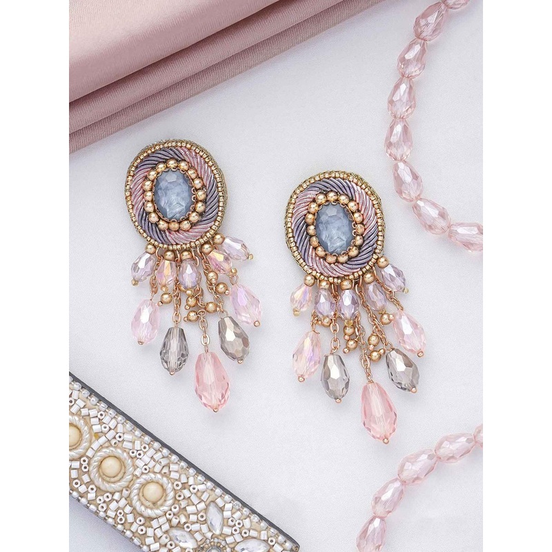 EVERSTYLISH Sanjoya Stone, Beads & Glass Drop Embroidered Earrings