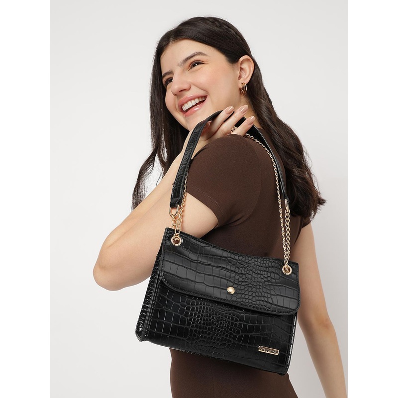 Fastrack Black Croco Textured Structured Shoulder Bag