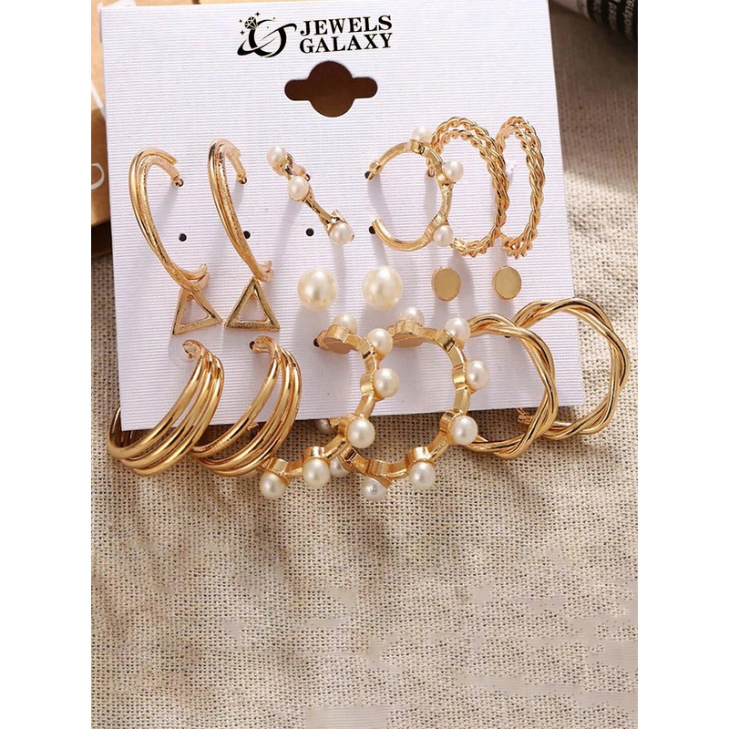 Jewels Galaxy Set of 9 Gold-Plated Stud And Hoop Earrings
