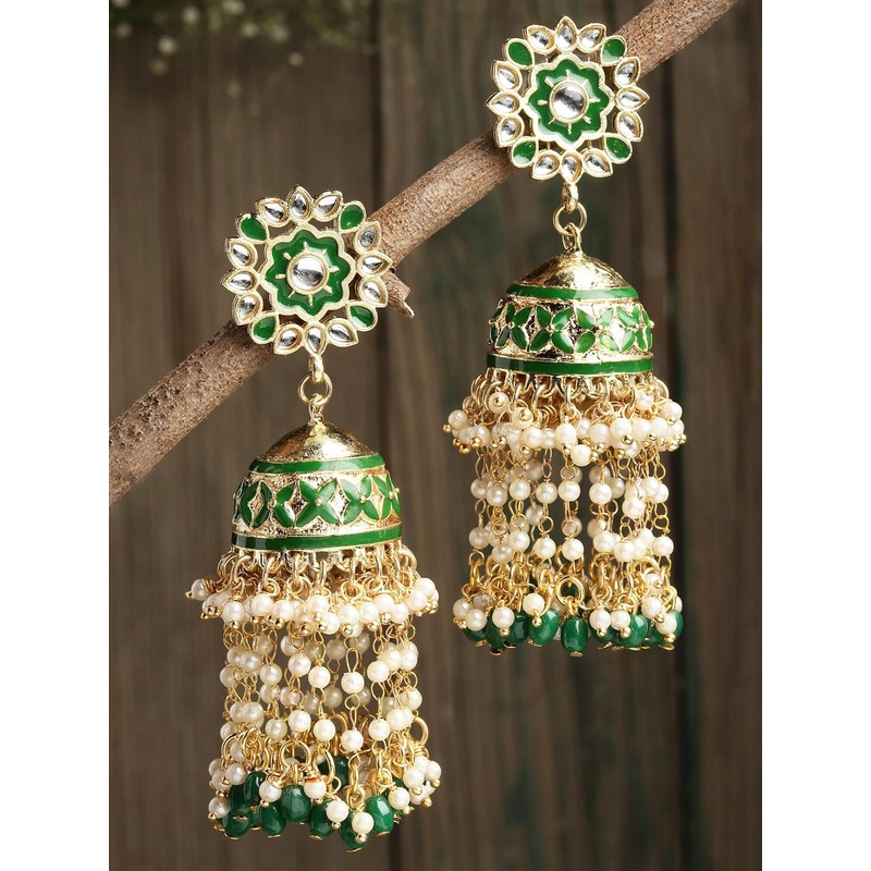 KARATCART Green Kundan Studded Contemporary Jhumkas Earrings